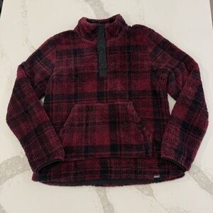 Eddie Bauer Plush Fleece Henley Snap Pullover Sweater Women’s Large Red Plaid